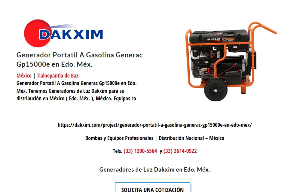 Generador Portatil A Gasolina Generac Gp15000e en Edo. Méx.